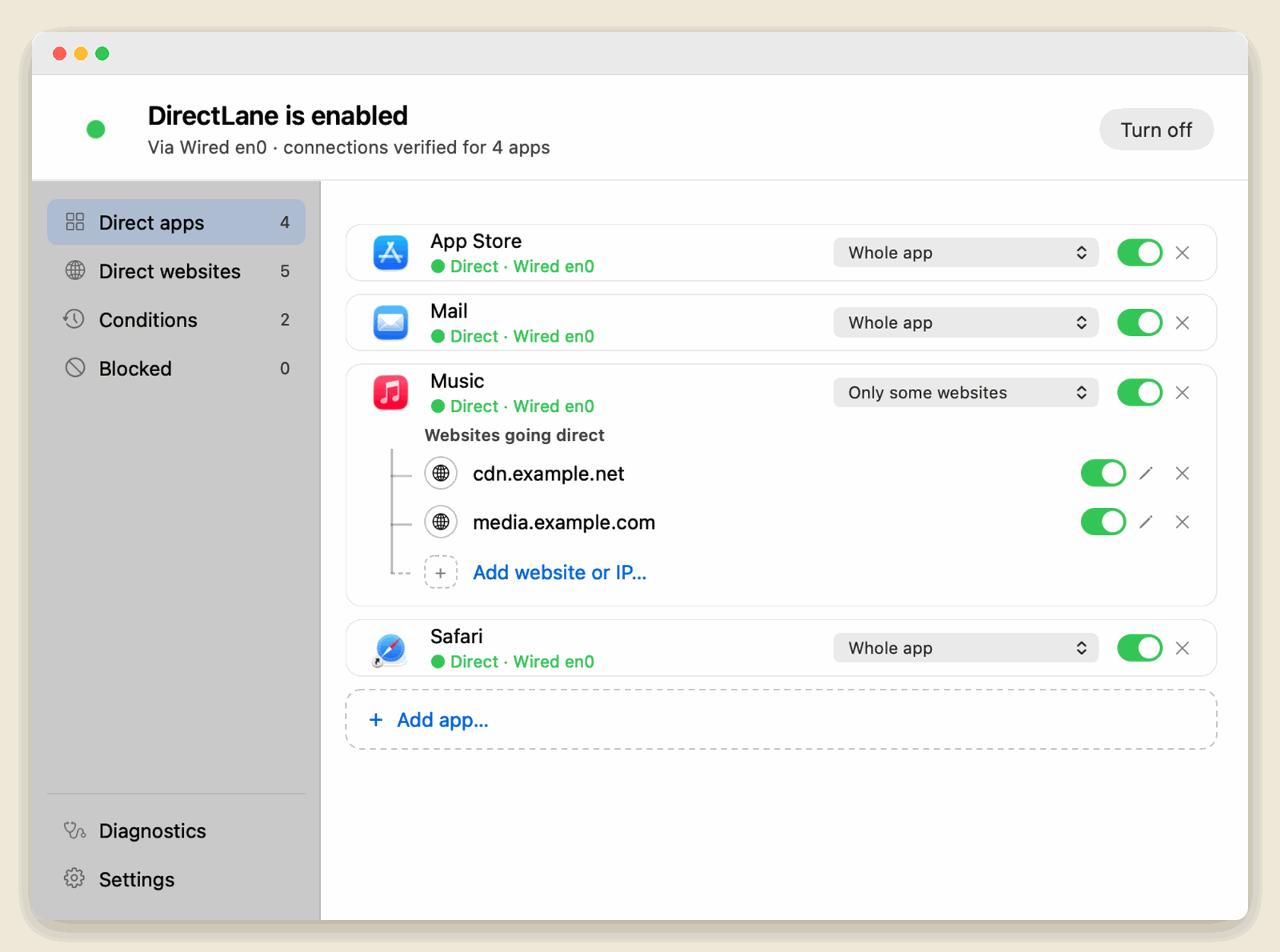 DirectLane main window with direct connections turned on for several apps